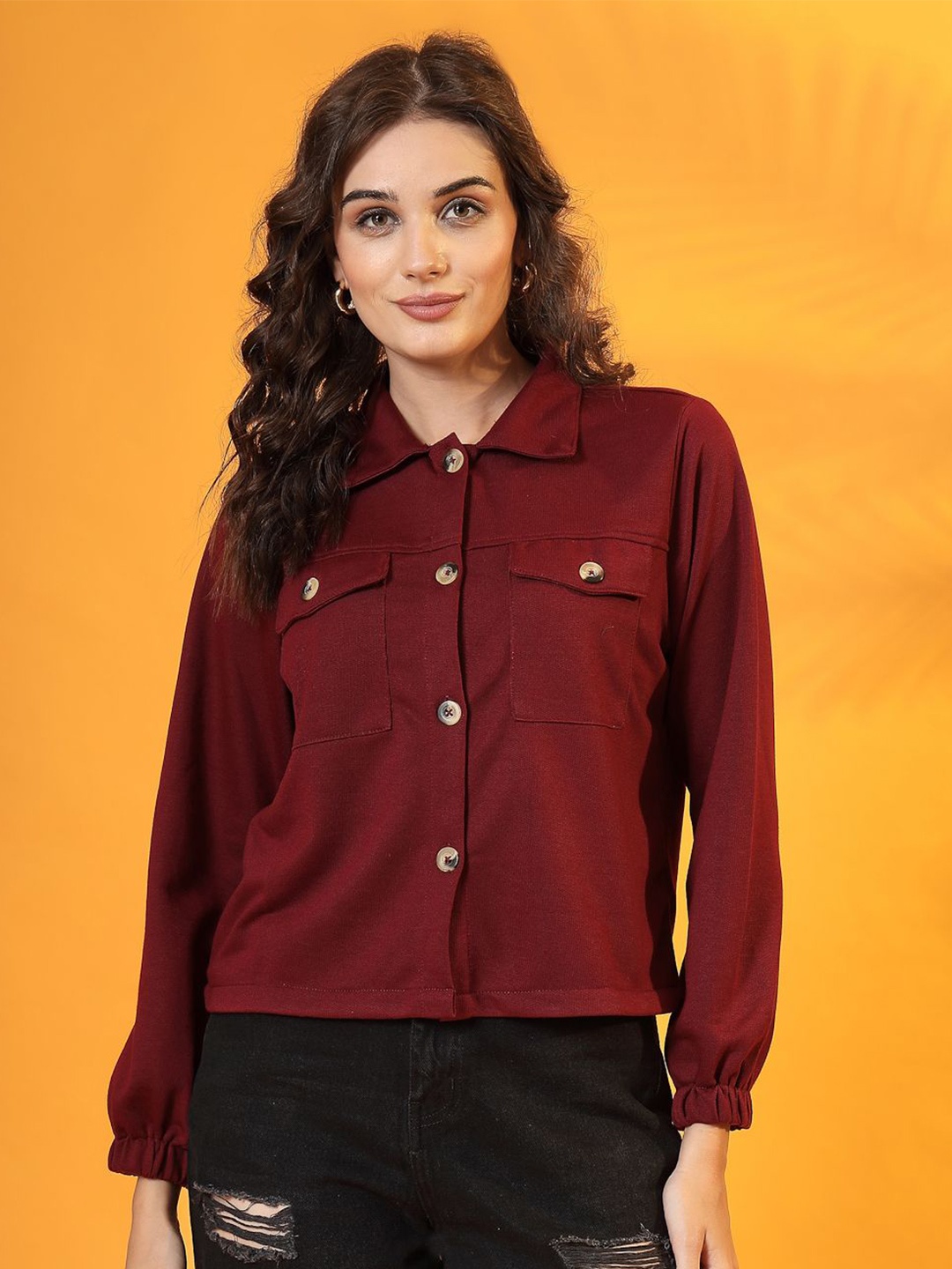 

STYLECAST X KASSUALLY Women Comfort Spread Collar Solid Boxy Casual Shirt, Maroon