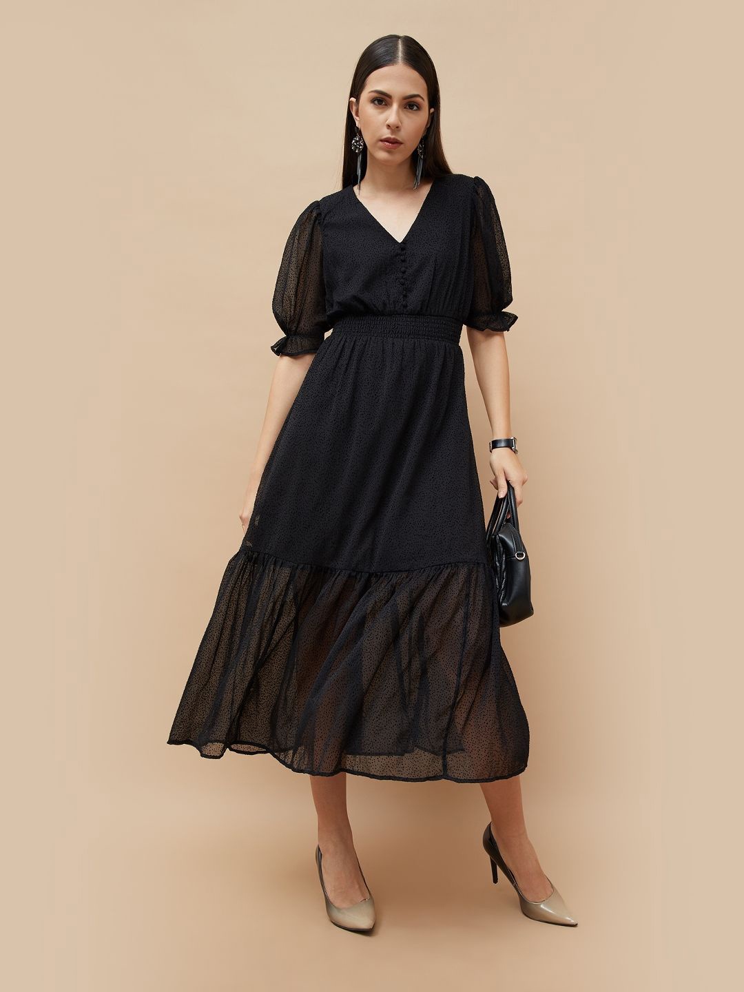 

CODE by Lifestyle Print Flared Sleeve A-Line Maxi Dress, Black