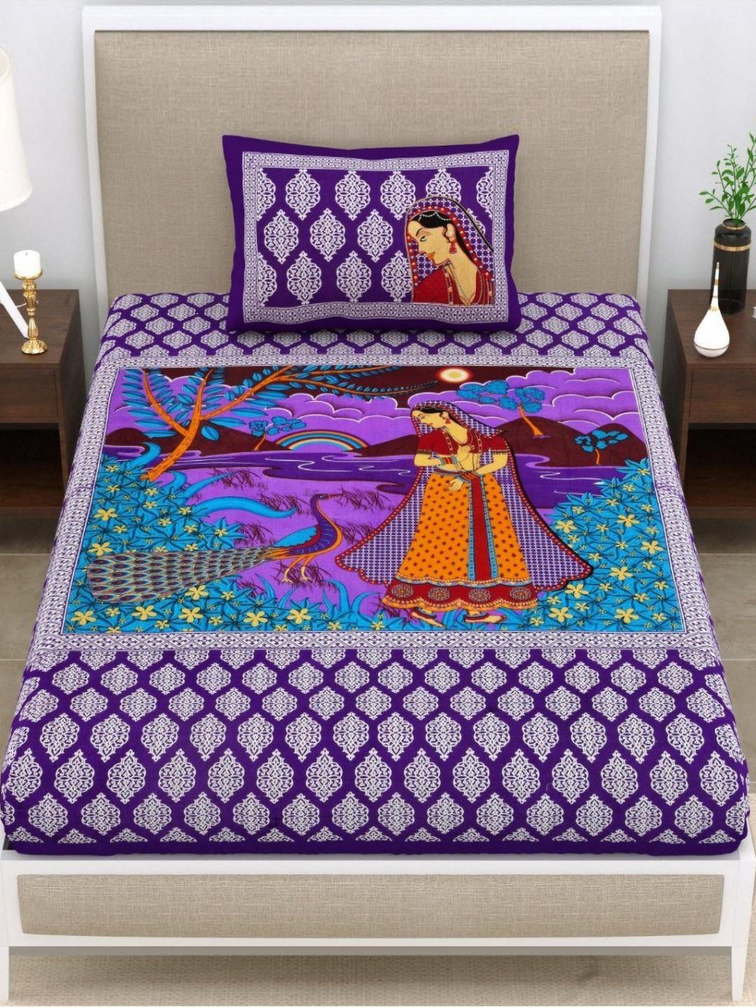 

UNIQCHOICE Purple & Orange Printed Cotton 120 TC Single Bedsheet Set 2.25 m x 1.5 m
