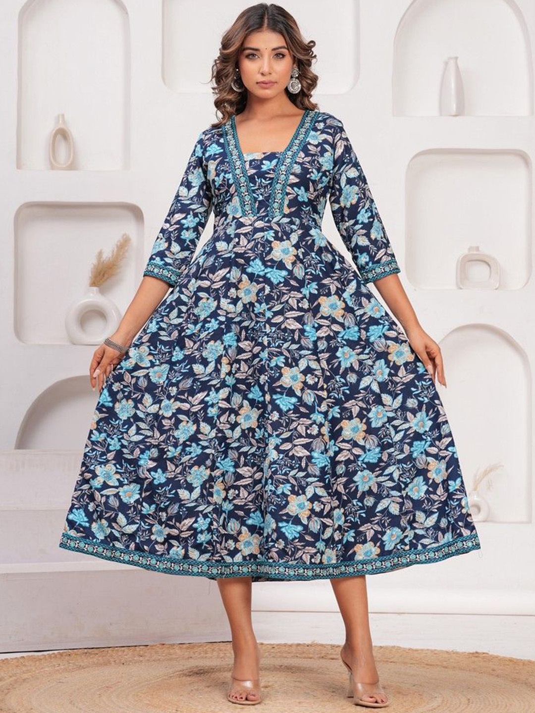

OKD Empires Women Embroidered Flared Sleeves Sequinned Anarkali Kurta, Blue