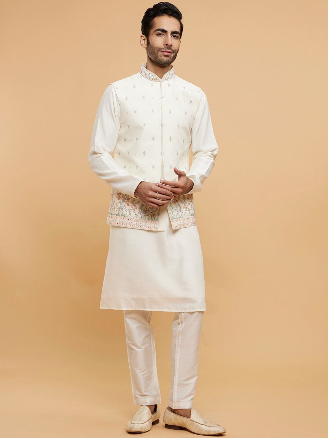 

Twamev Floral Embroidered Sequinned & Thread Work Straight Kurta & Trouser With Jacket, White