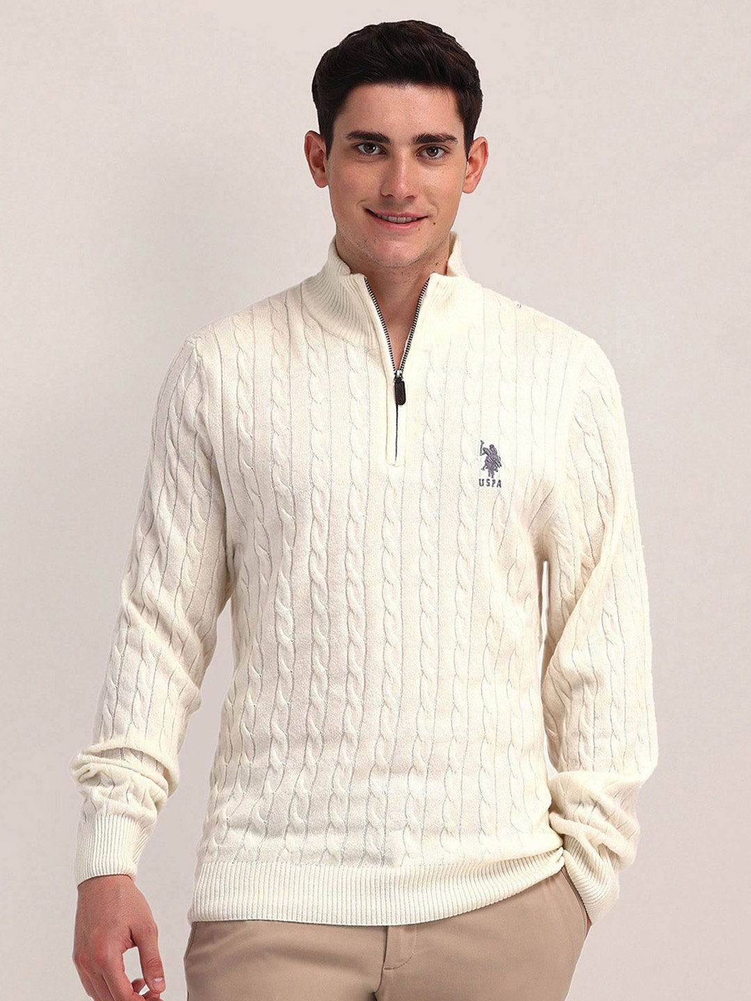 

U.S. Polo Assn. Men Cable Knit Woollen Pullover, White