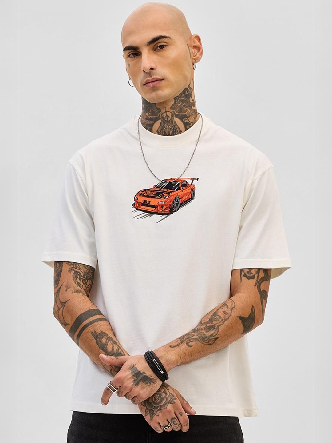 

Snitch Men Graphic Printed Round Neck Cotton Oversized T-shirt, Off white