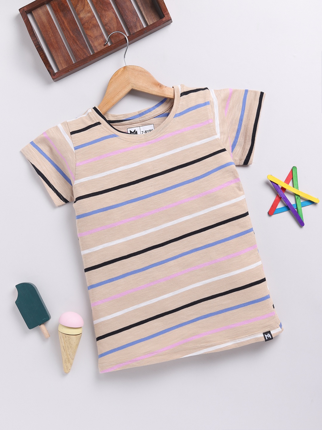 

YK X Minute Mirth Girls Striped Pure Cotton T-shirt, Beige