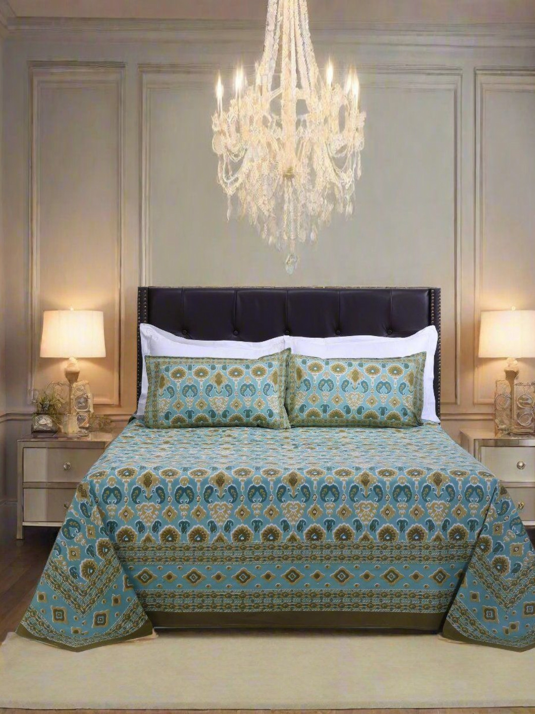 

SHAHENAZ Turquoise Blue & Black Floral Cotton 120 TC King Bedsheet Set-2.7 m X 2.5 m