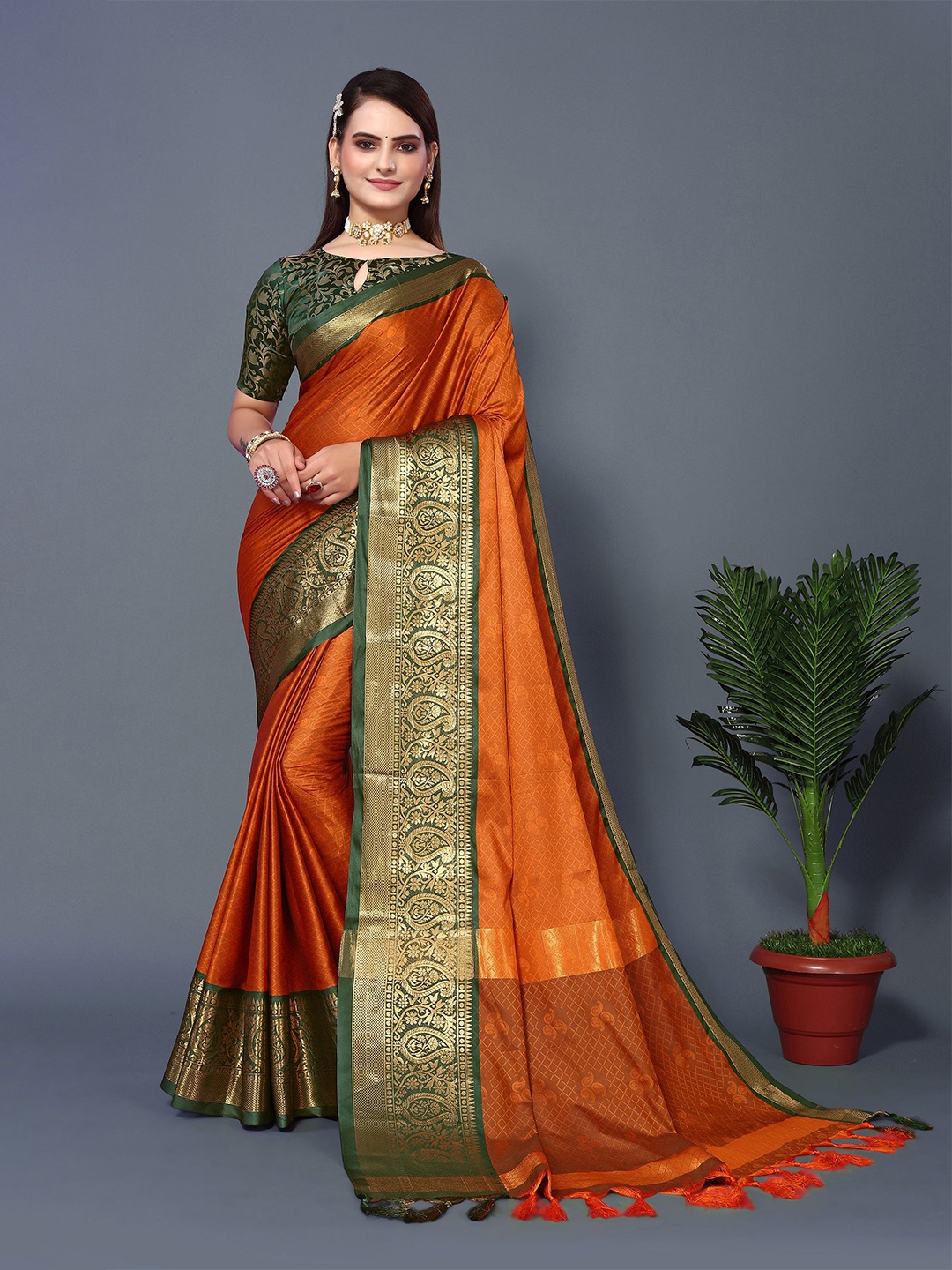 

Aldwych Woven Design Silk Blend Chanderi Saree, Orange