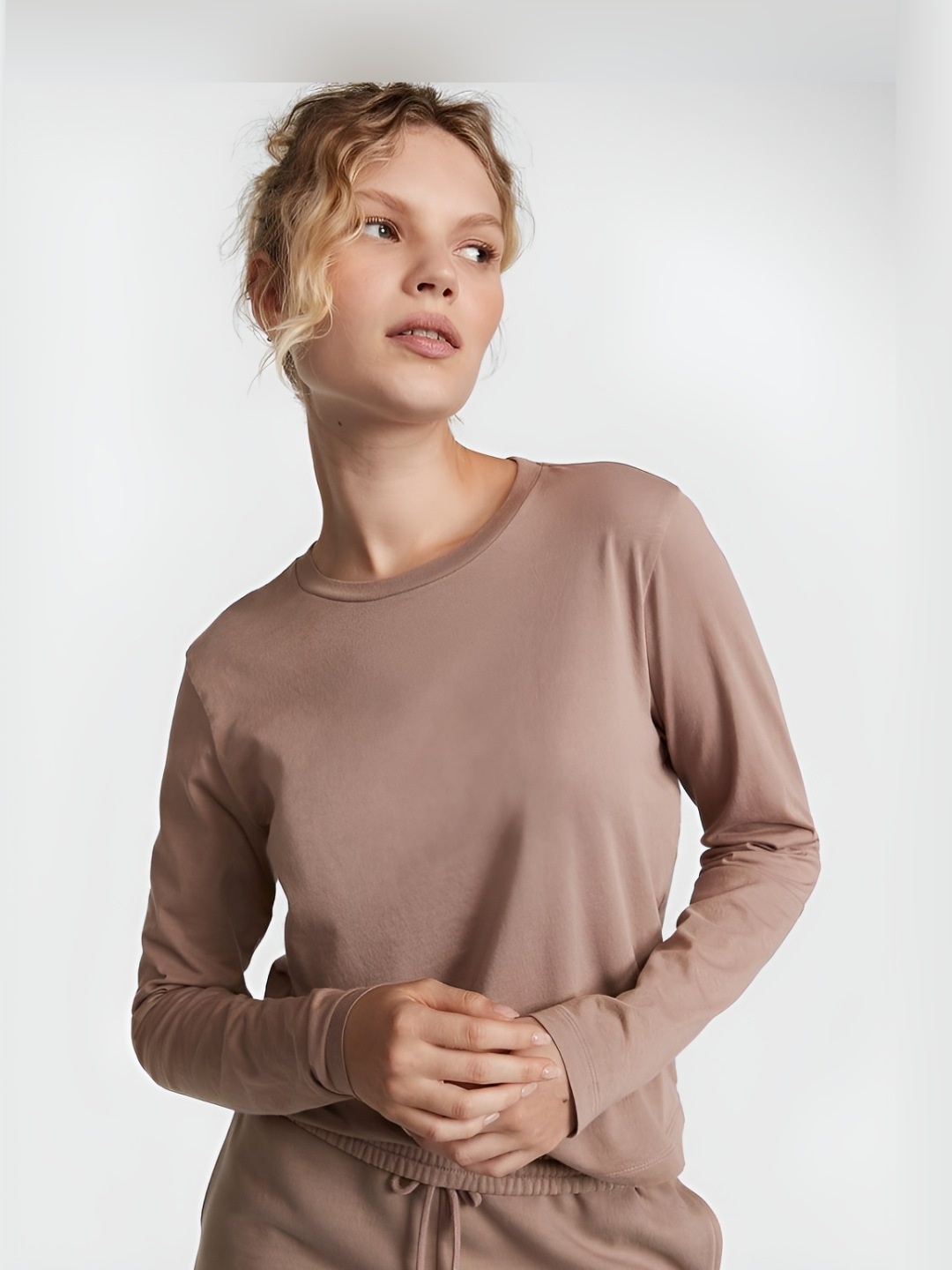 

Victoria's Secret Women Solid Round Neck Cotton T-shirt, Brown
