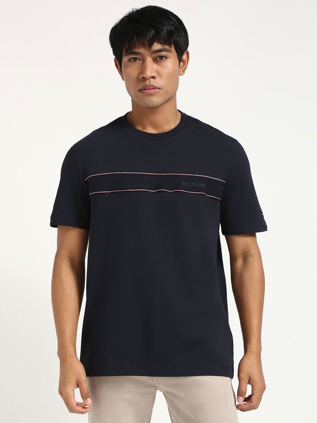 

Tommy Hilfiger Men Striped Round Neck Cotton T-shirt, Navy blue