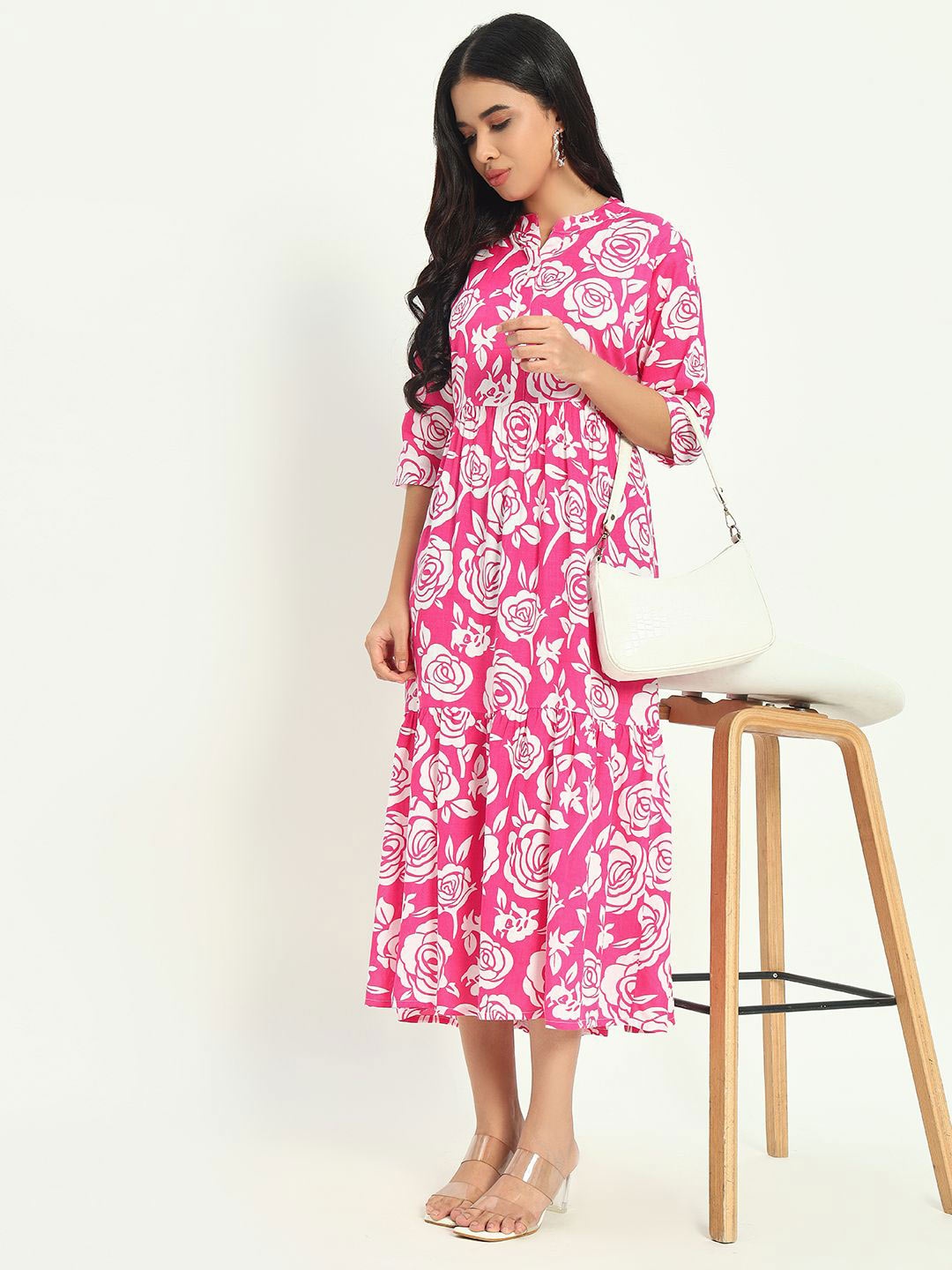 

KALINI Women Mandarin Collar Floral Print Empire Midi Dress, Pink
