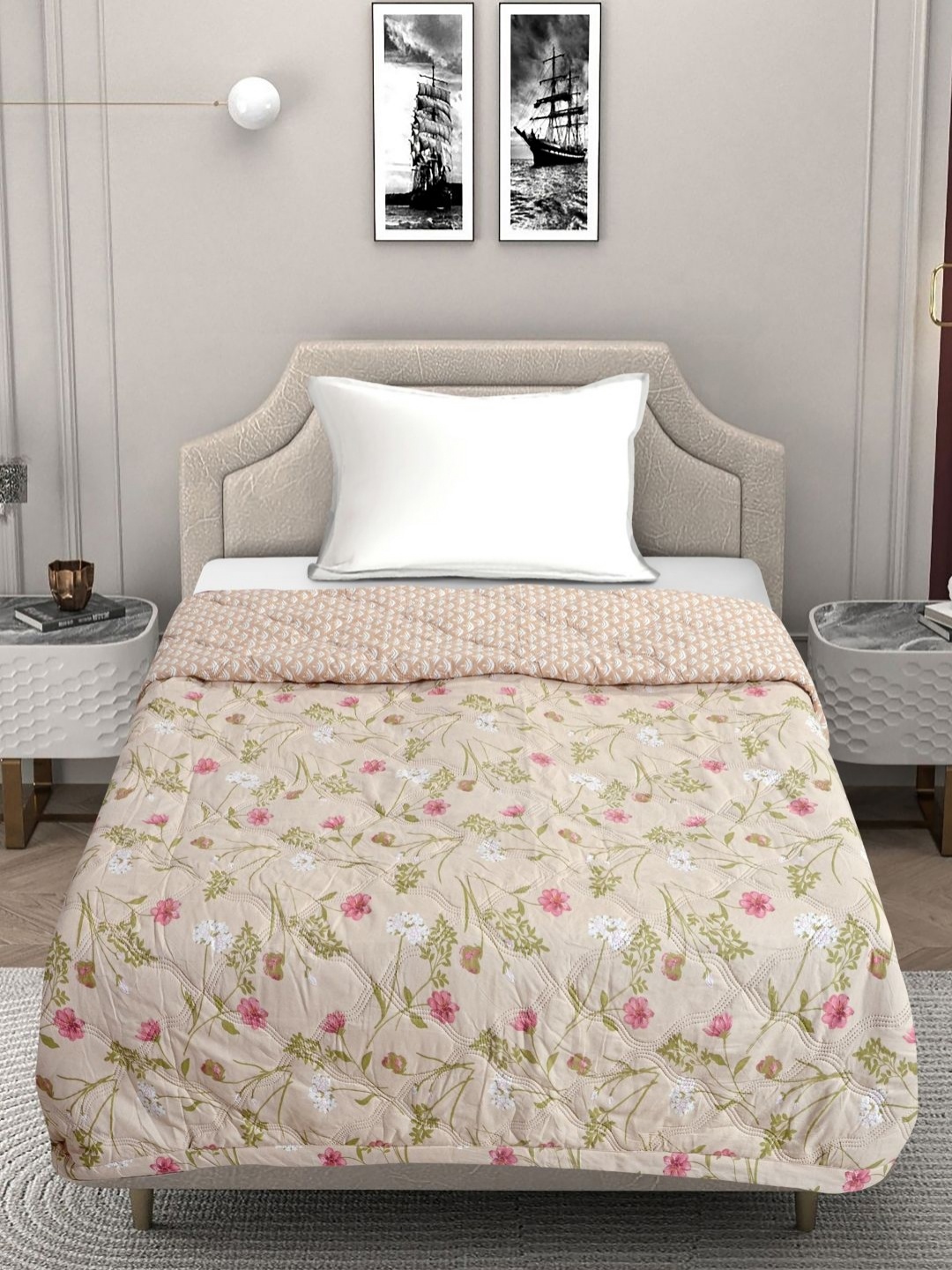 

FABINALIV Beige & Pink Floral Mild Winter 350 GSM Single Bed Comforter