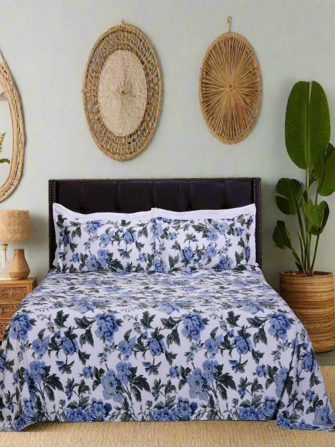 

SHAHENAZ White & Blue Floral Cotton 300 TC Queen Bedsheet with 2 Pillow Covers