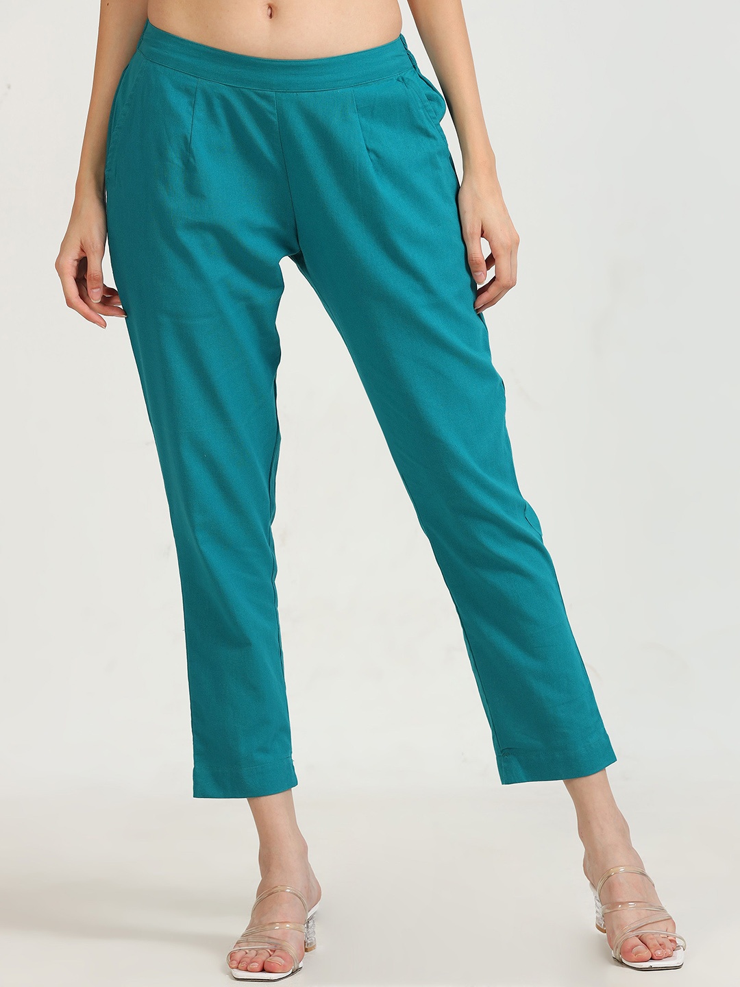 

Marcia Women Relaxed Straight Leg Fit Cotton Cropped Trousers, Teal