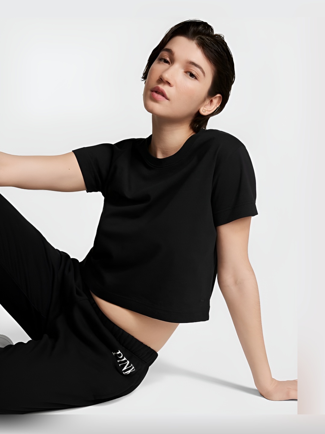 

Victoria's Secret Women Solid Round Neck Cotton T-shirt, Black