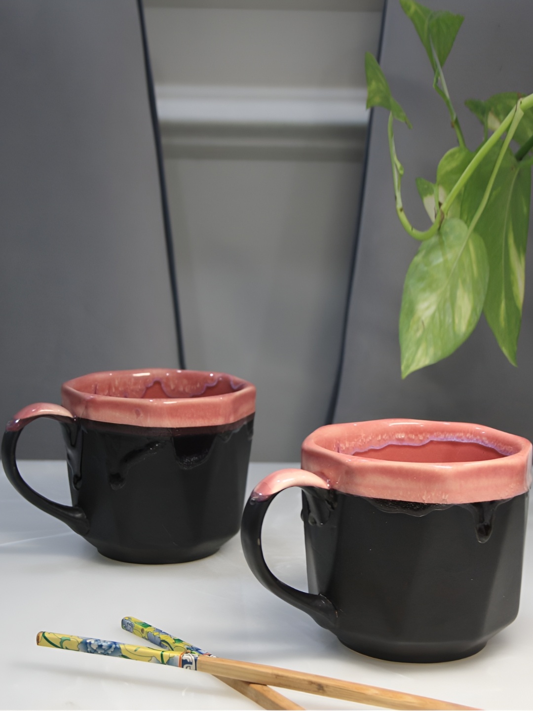 

MODEFE Pink & Black Solid Ceramic Glossy Mugs Set of Cups and Mugs