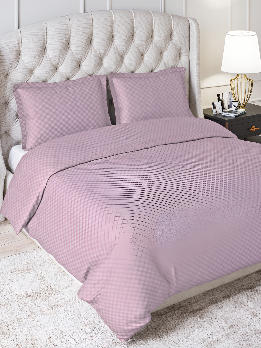 

Trance Home Linen 300TC Checks Zippered Single Rajai Cover/Blanket Cover with 1 Pillow Cover, Pink