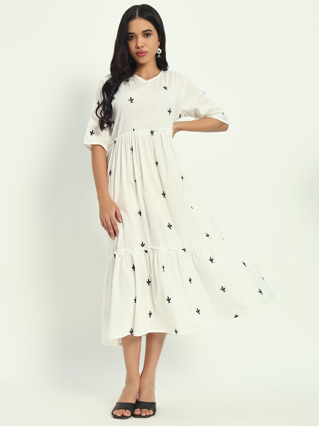 

KALINI Women Floral Embroidered Empire Midi Dress, White