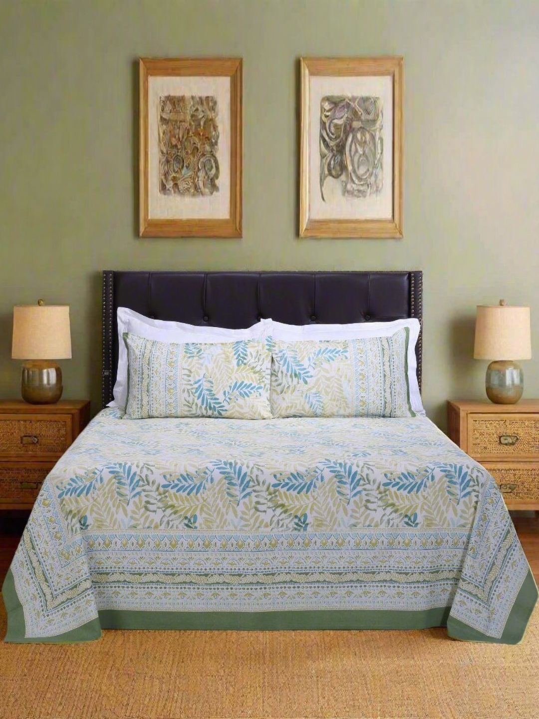 

SHAHENAZ Olive Green & Blue Floral Cotton 120 TC Queen Bedsheet with 2 Pillow Covers