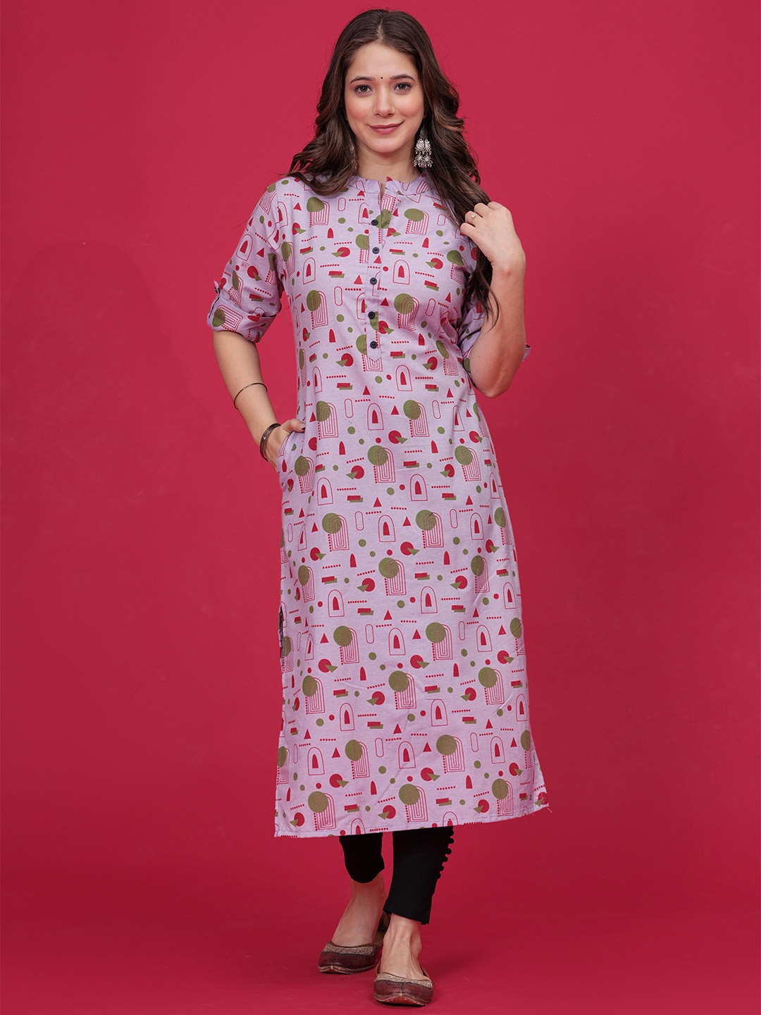 

DIZON Geometric Printed Cotton Straight Kurta, Pink