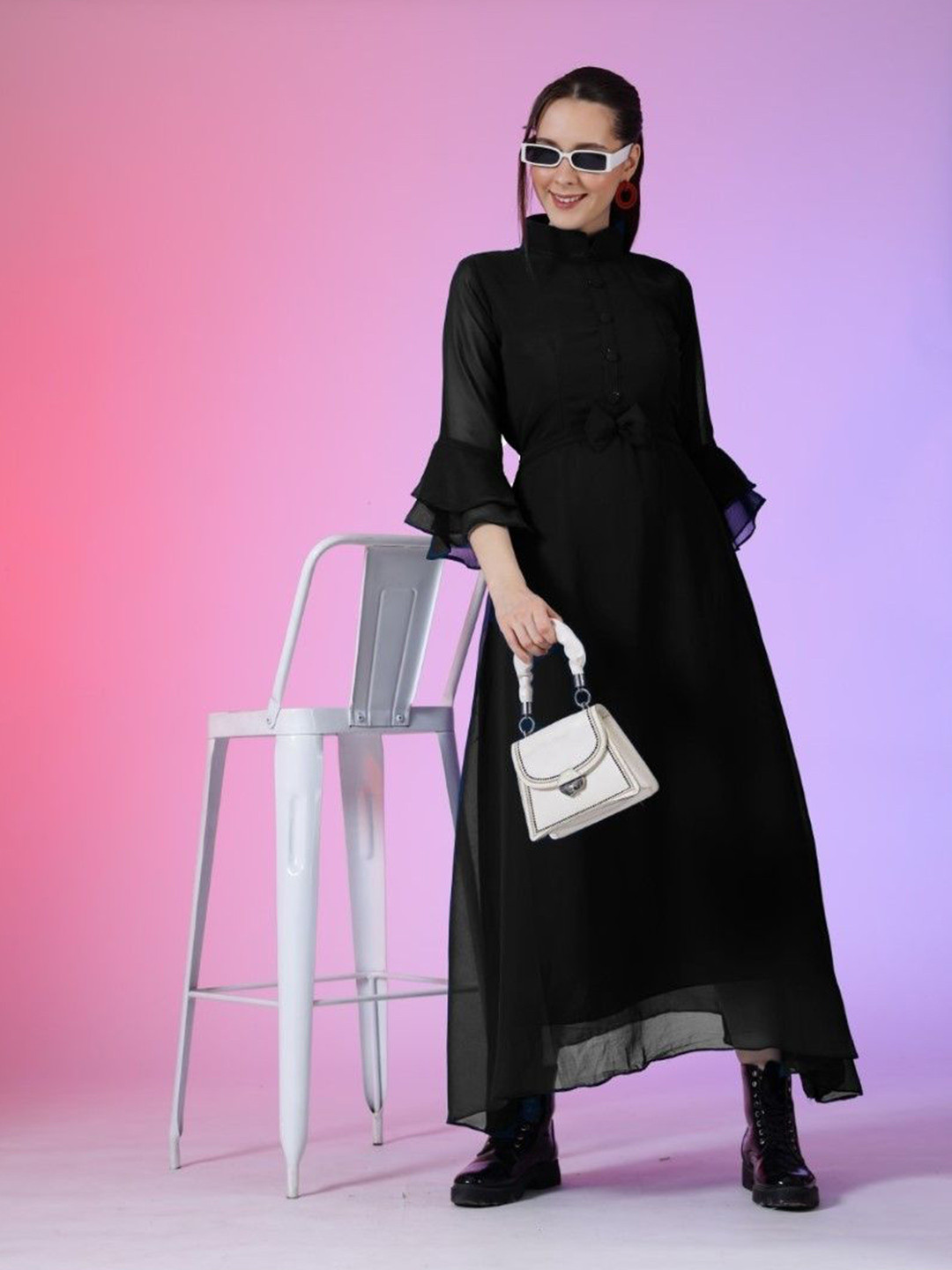 

Femvy Women Fit & Flare Maxi Dress With Bow, Black