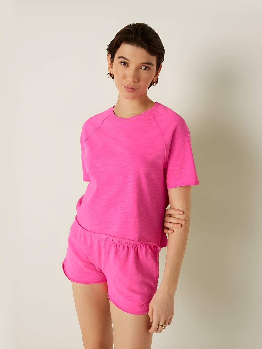 

Victoria's Secret Women Solid Round Neck Cotton T-shirt, Pink