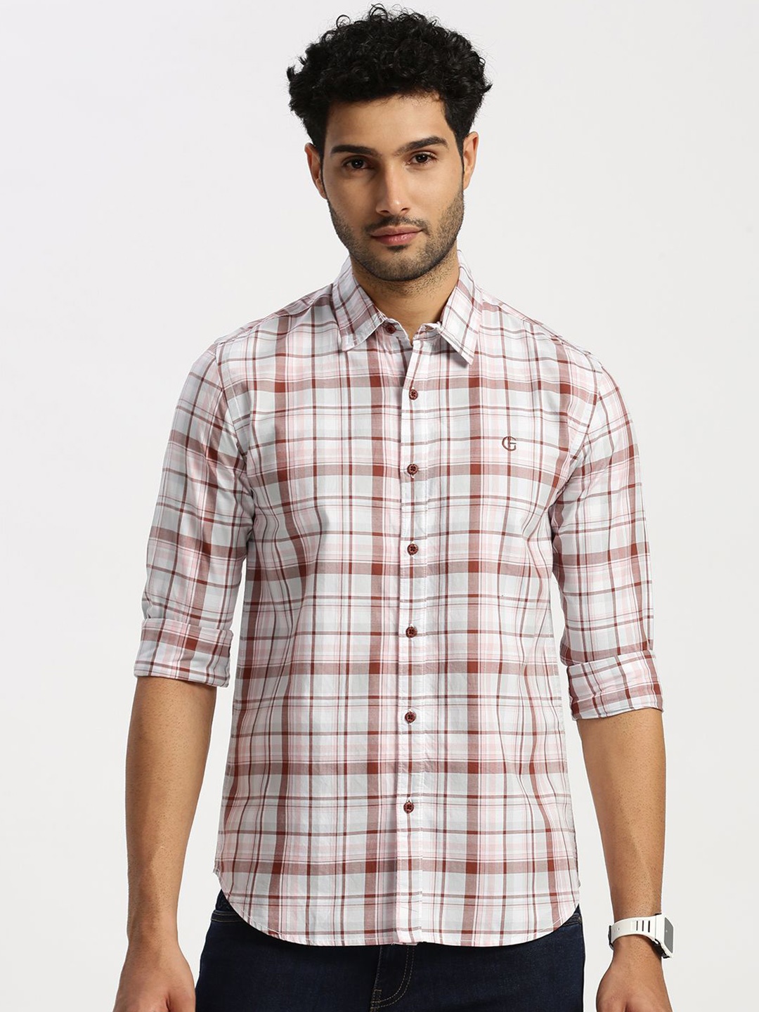 

Grit and Flair Men Slim Fit Tartan Checks Opaque Checked Casual Shirt, Red