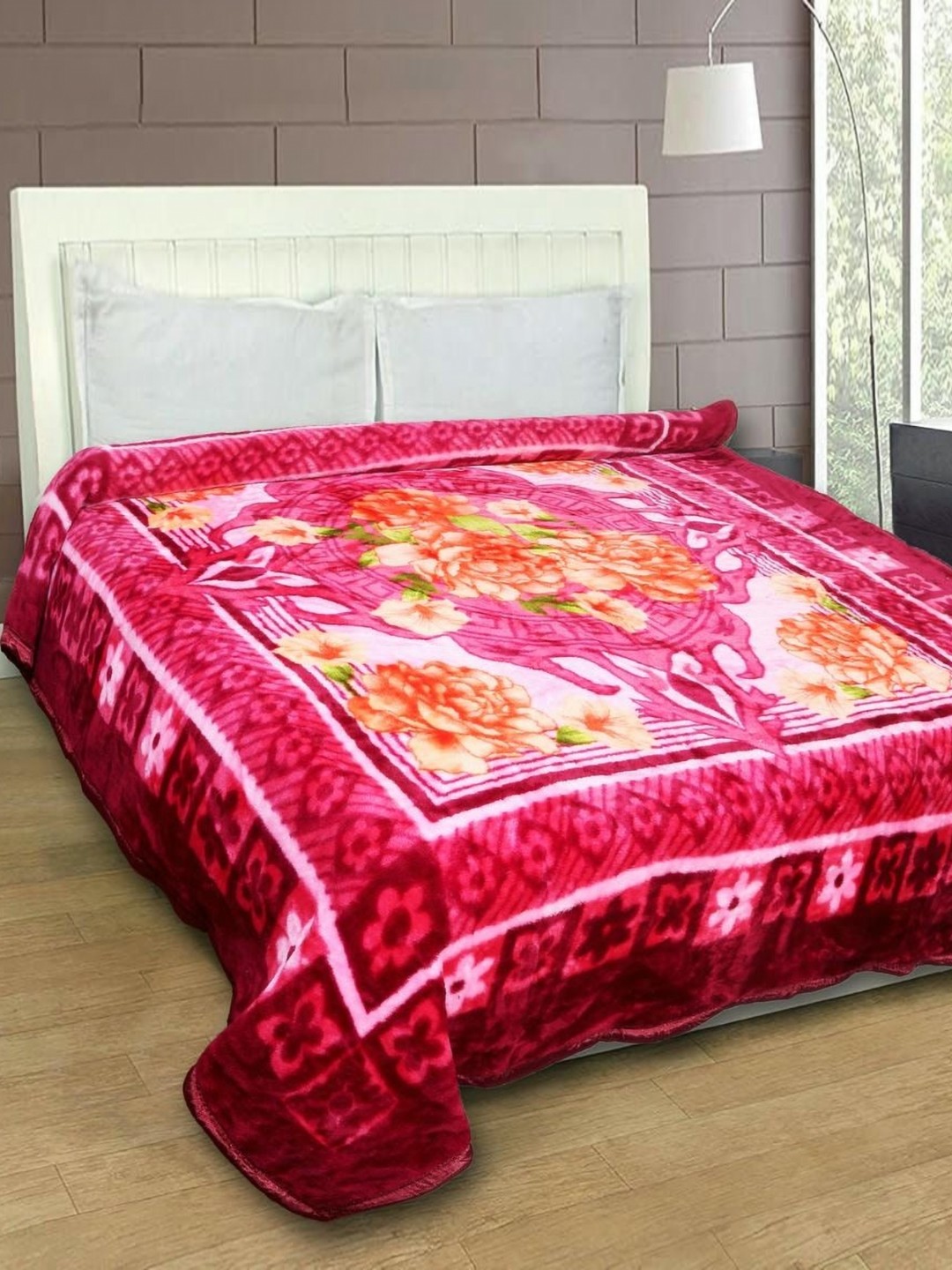 

MAGICAL Pink & Orange Floral Mink 400 GSM Double Bed Blanket
