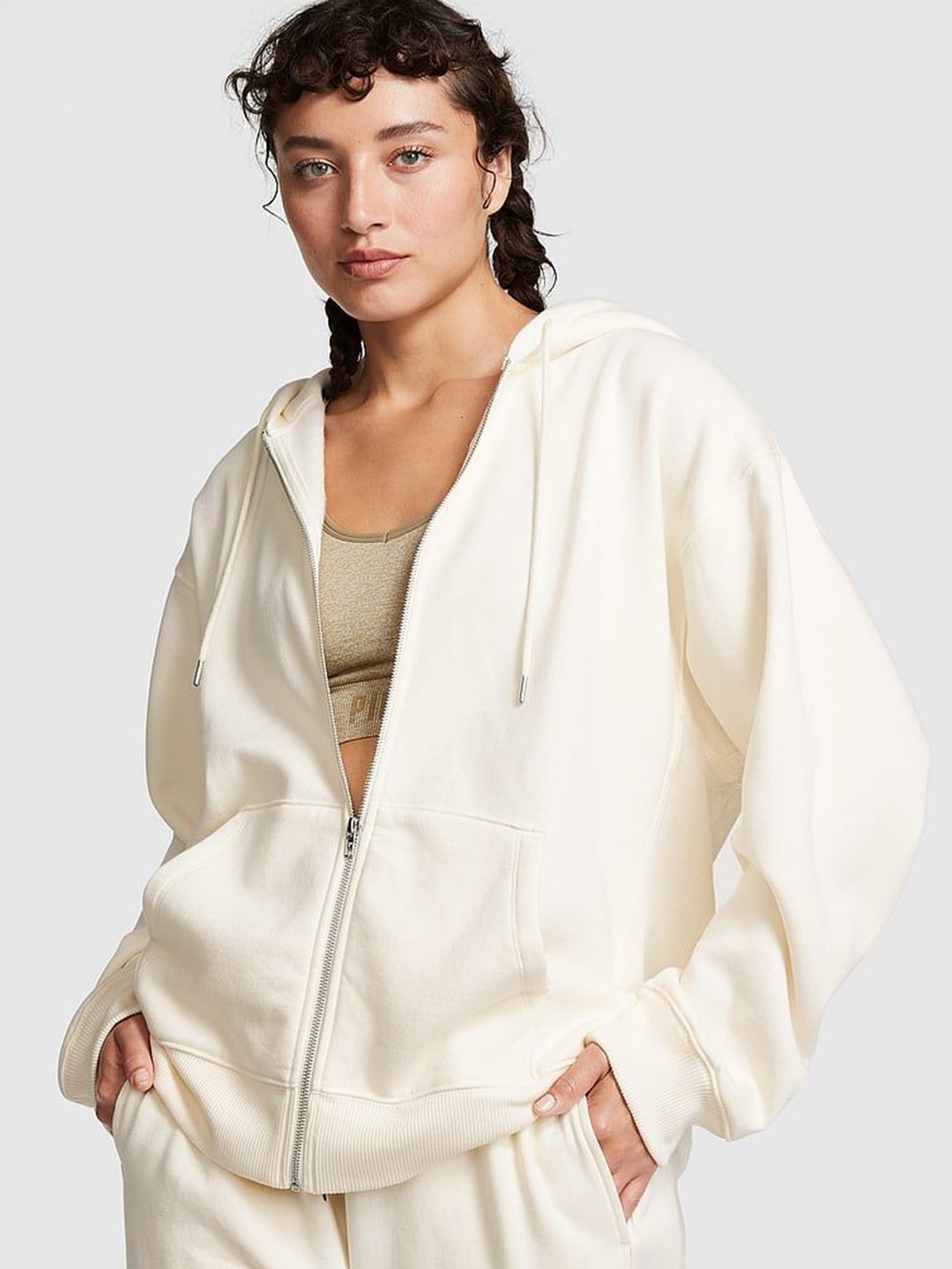 

Victoria's Secret Women Oversized Zip-Up Hoodie Sweatshirt, Beige