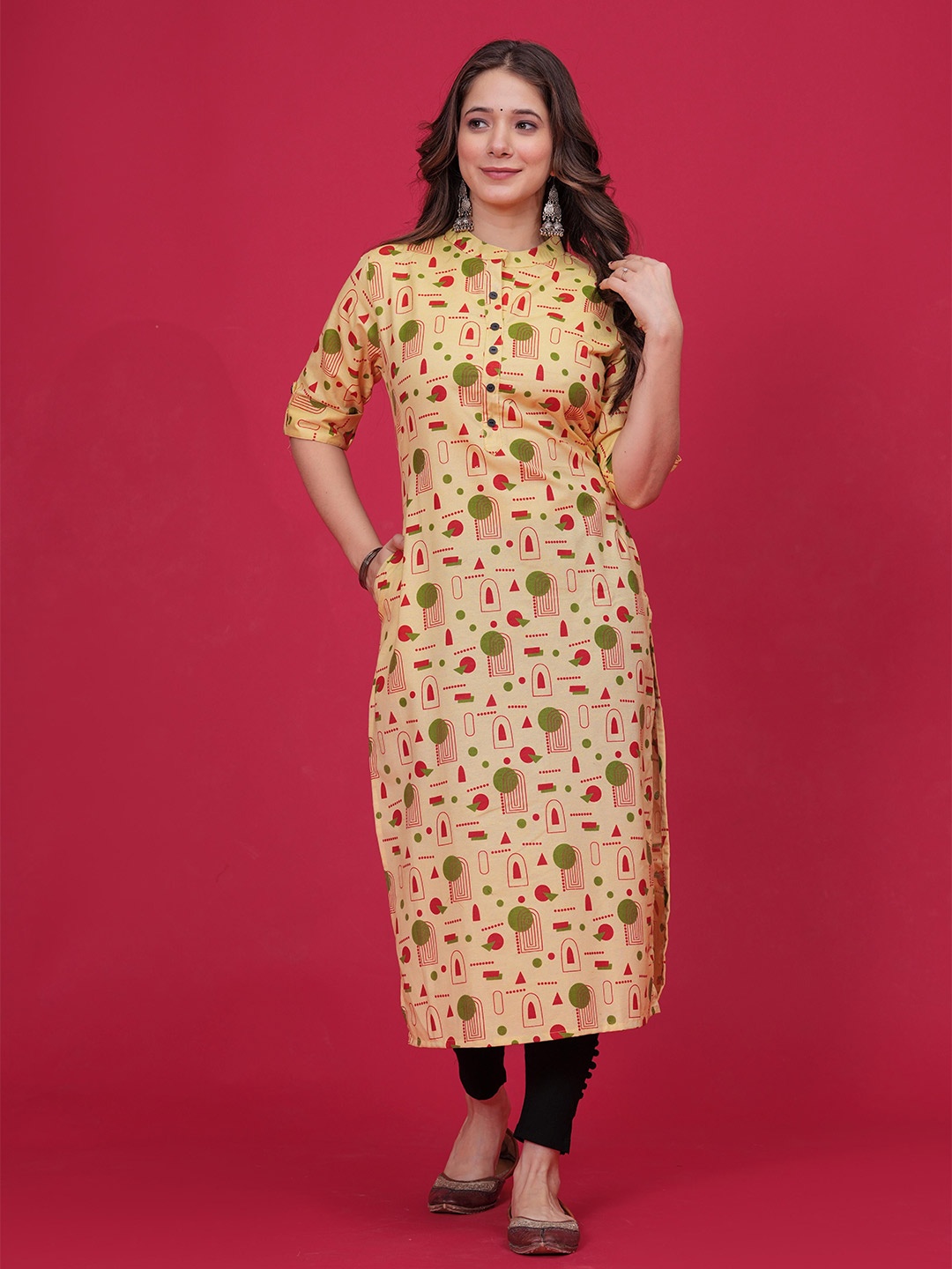 

DIZON Geometric Printed Cotton Straight Kurta, Yellow