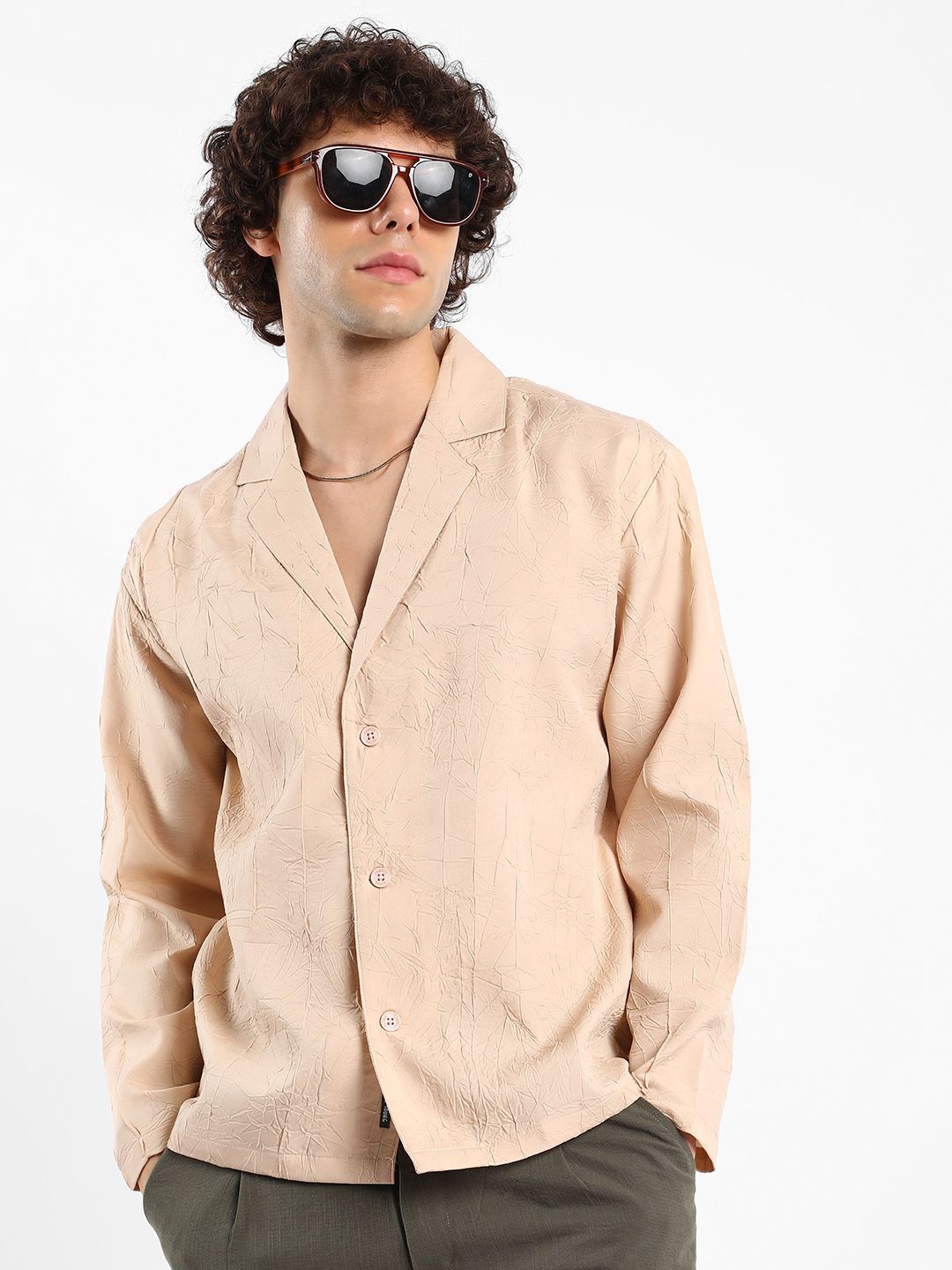 

Campus Sutra Men Comfort Oversized Fit Spread Collar Solid Casual Shirt, Beige