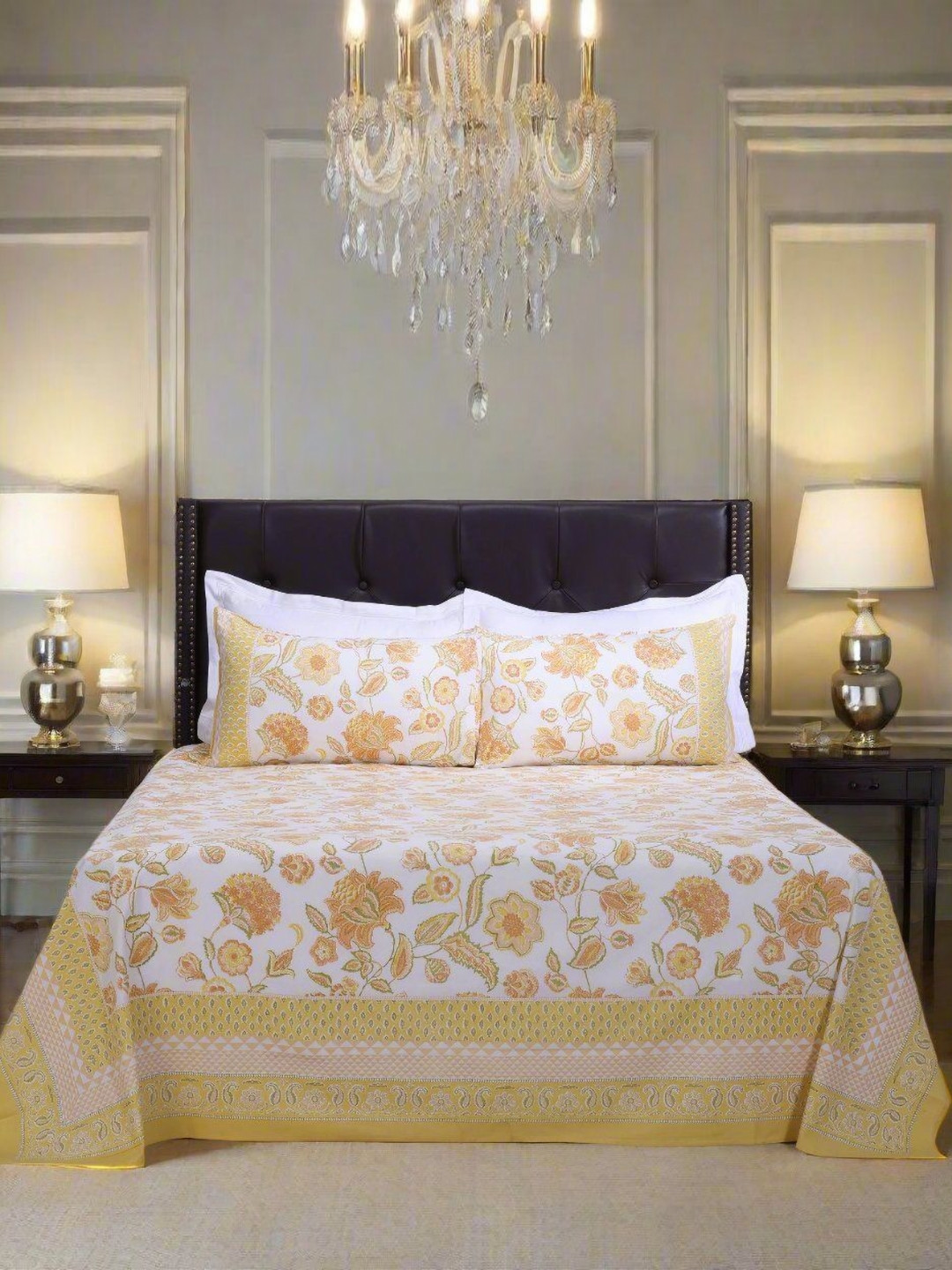 

SHAHENAZ Yellow & White Floral Cotton 120 TC Double Queen Bedsheet with 2 Pillow Covers