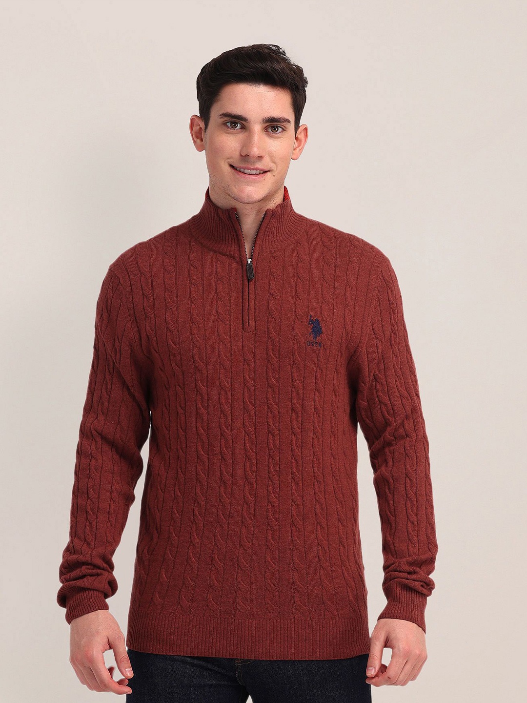 

U.S. Polo Assn. Men Mock Collar Cable Knit Woollen Pullover Sweaters, Rust