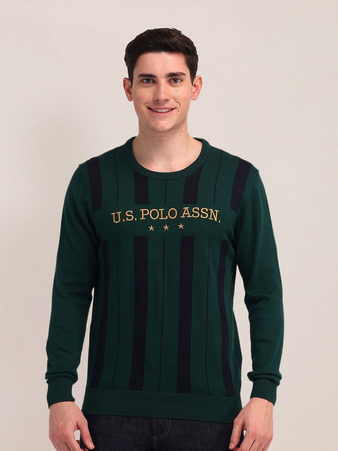 

U.S. Polo Assn. Men Cotton Striped Pullover Sweaters, Green