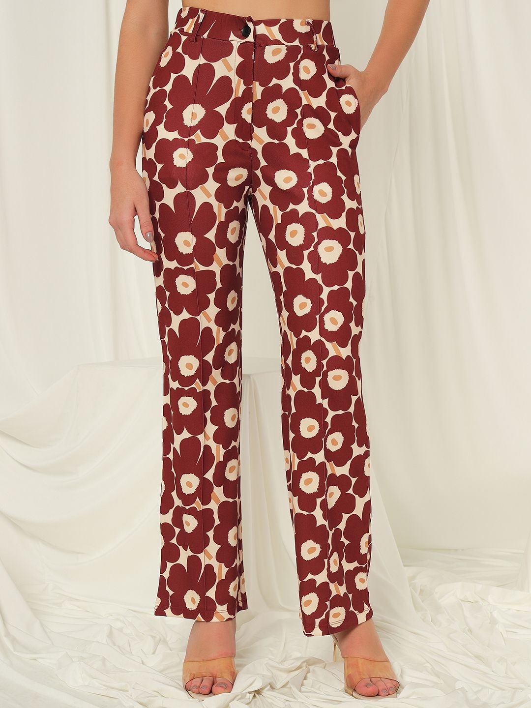 

TANDUL Women Printed Regular Fit Trousers, Maroon