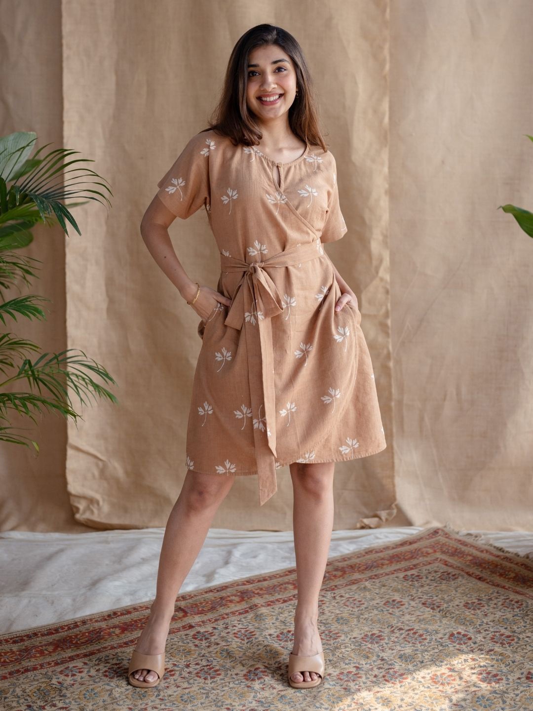 

THE INDIAN ETHNIC CO Floral Print Flutter Sleeve Mini Dress, Brown
