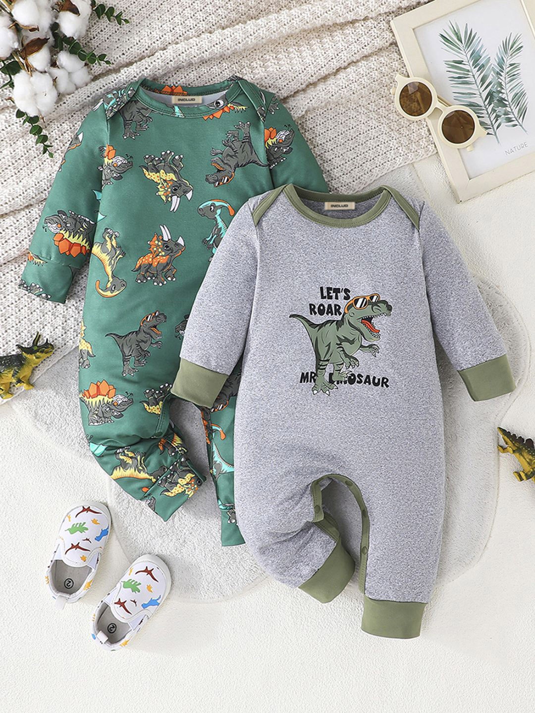 

INCLUD Pack Of 2 Infant Boys Printed Long Sleeve Rompers, Grey