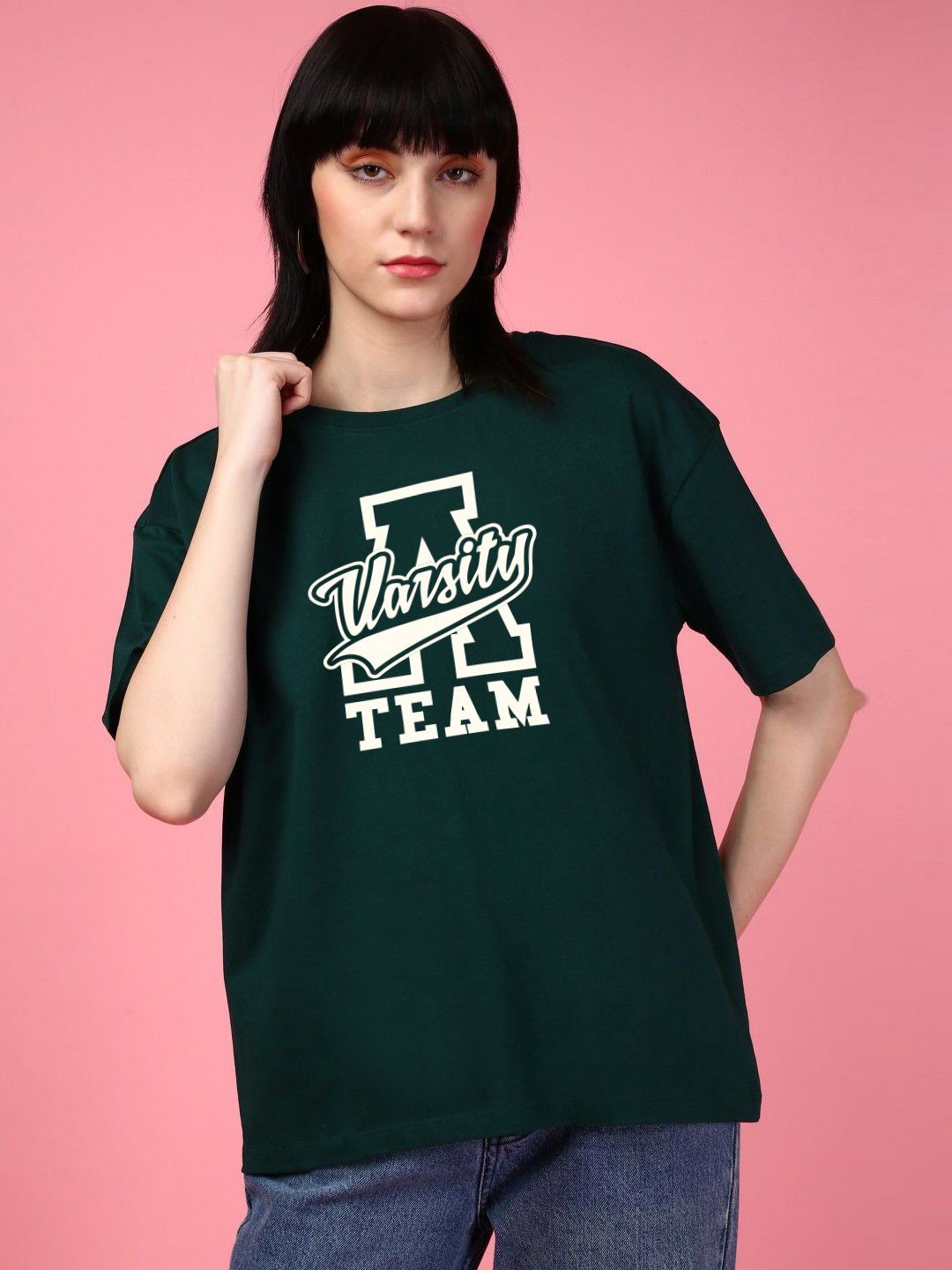 

DressBerry Women Varsity Printed Drop-Shoulder Sleeves T-shirt, Green