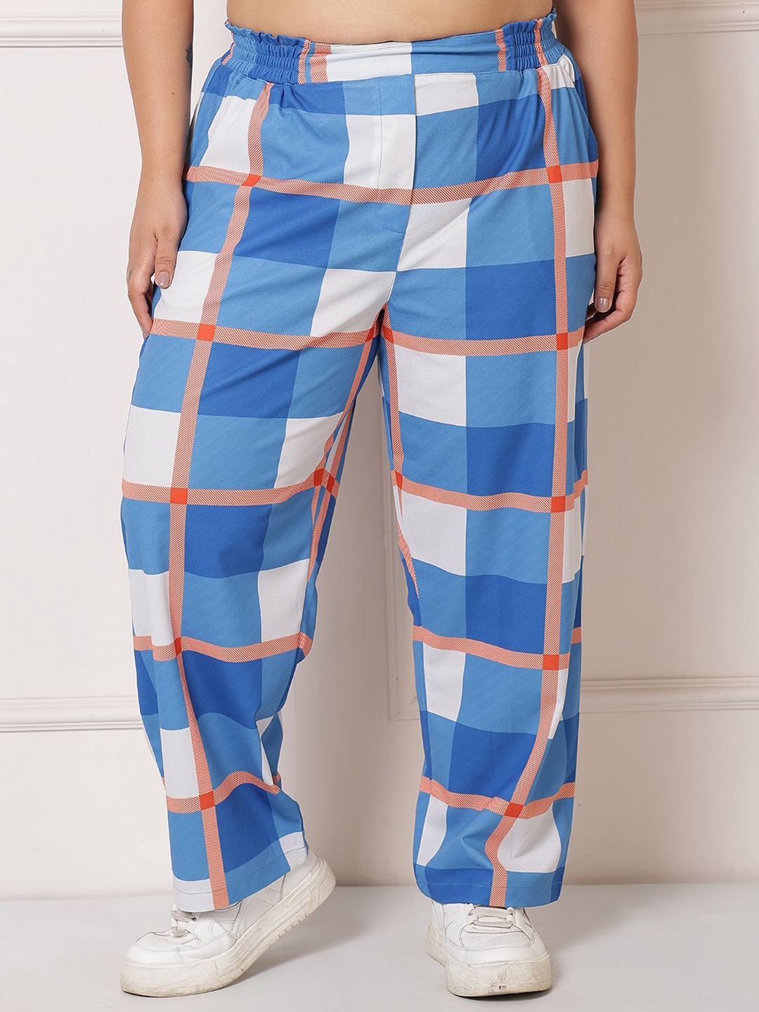 

Amydus Women Plus Size Checked Mid-Rise Trousers, Blue