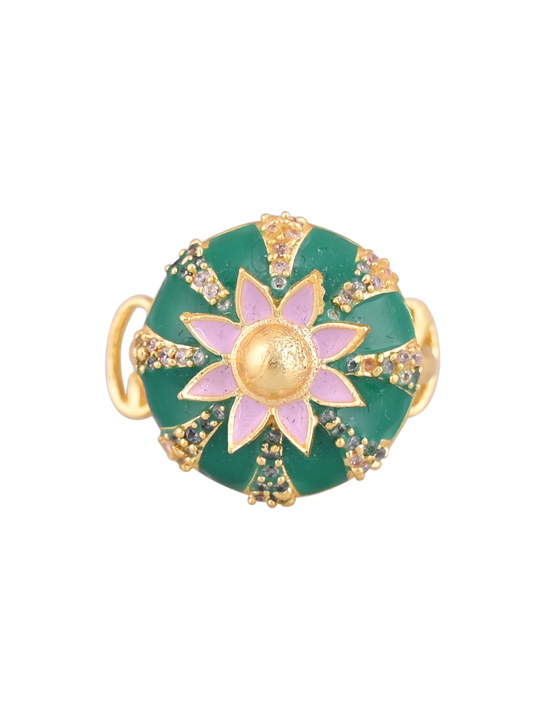 

House of Pataudi Gold-Plated Enamelled Cubic Zirconia Anti-Tarnish Adjustable Finger Ring