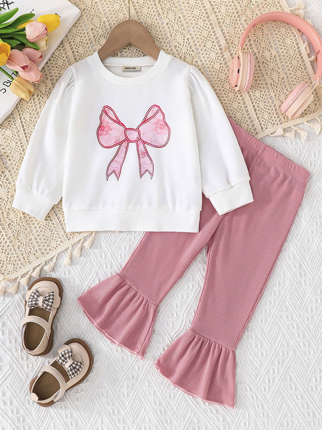 

INCLUD Girls Printed Top with Trousers, Pink