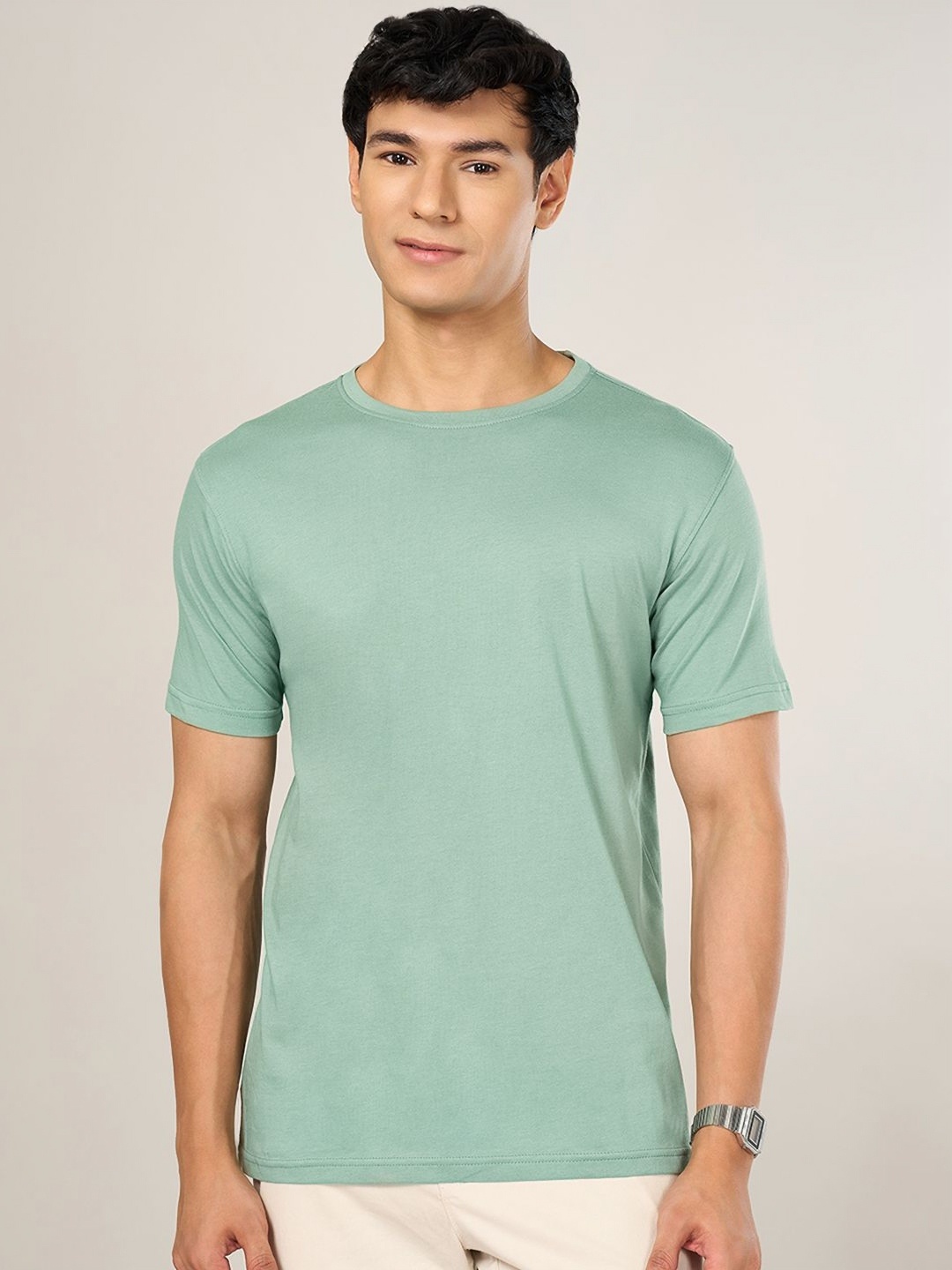 

BYFORD by Pantaloons Men Drop-Shoulder Sleeves Raw Edge Slim Fit T-shirt, Olive