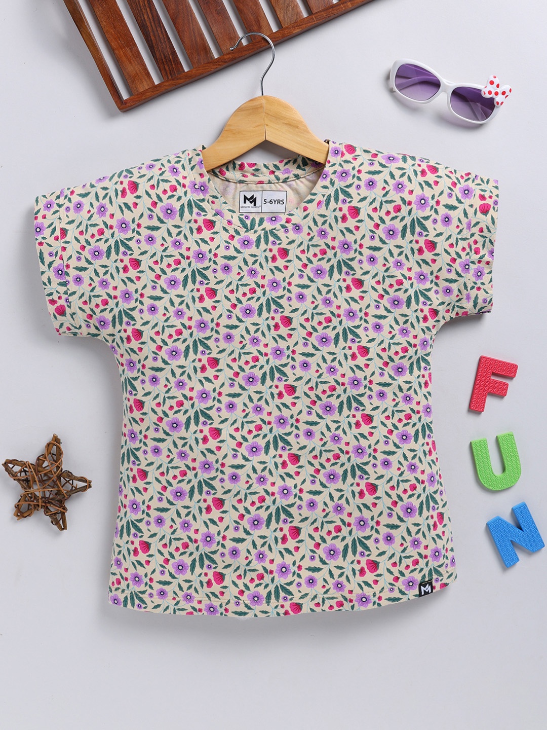 

YK X Minute Mirth Girls Floral Printed Extended Sleeves Pure Cotton T-shirt, Multi