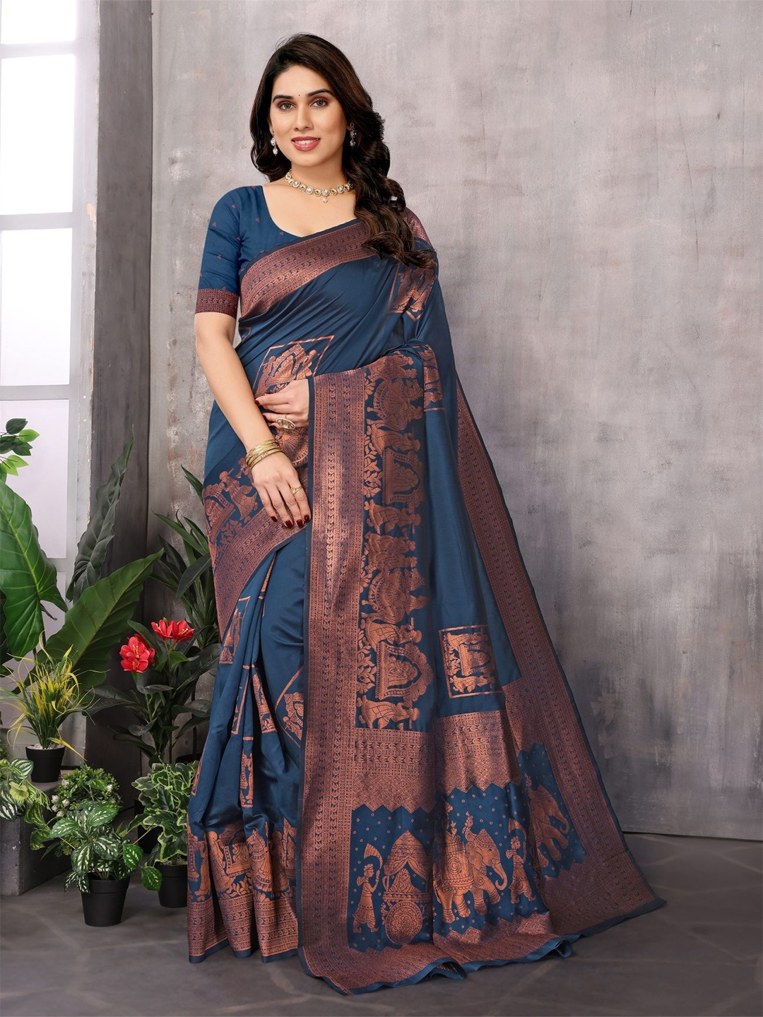 

vj fashion Woven Design Zari Silk Blend Saree, Navy blue