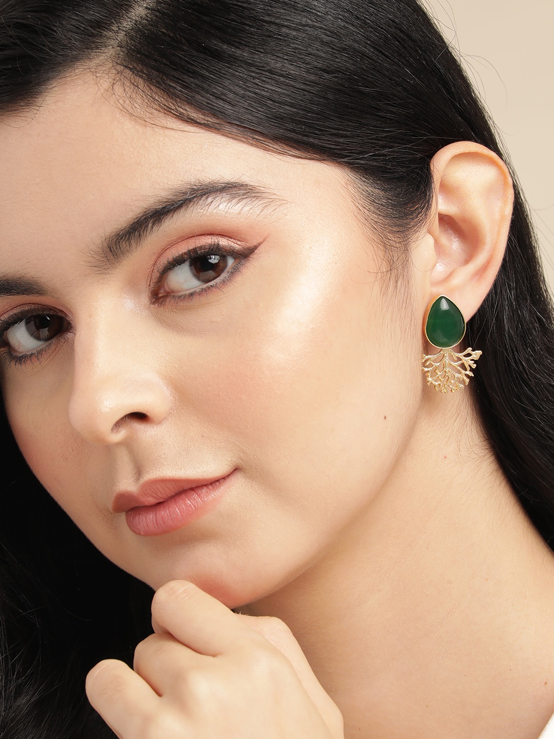 

Anouk Gold Plated Beaded Teardrop Shaped Drop Earrings, Green