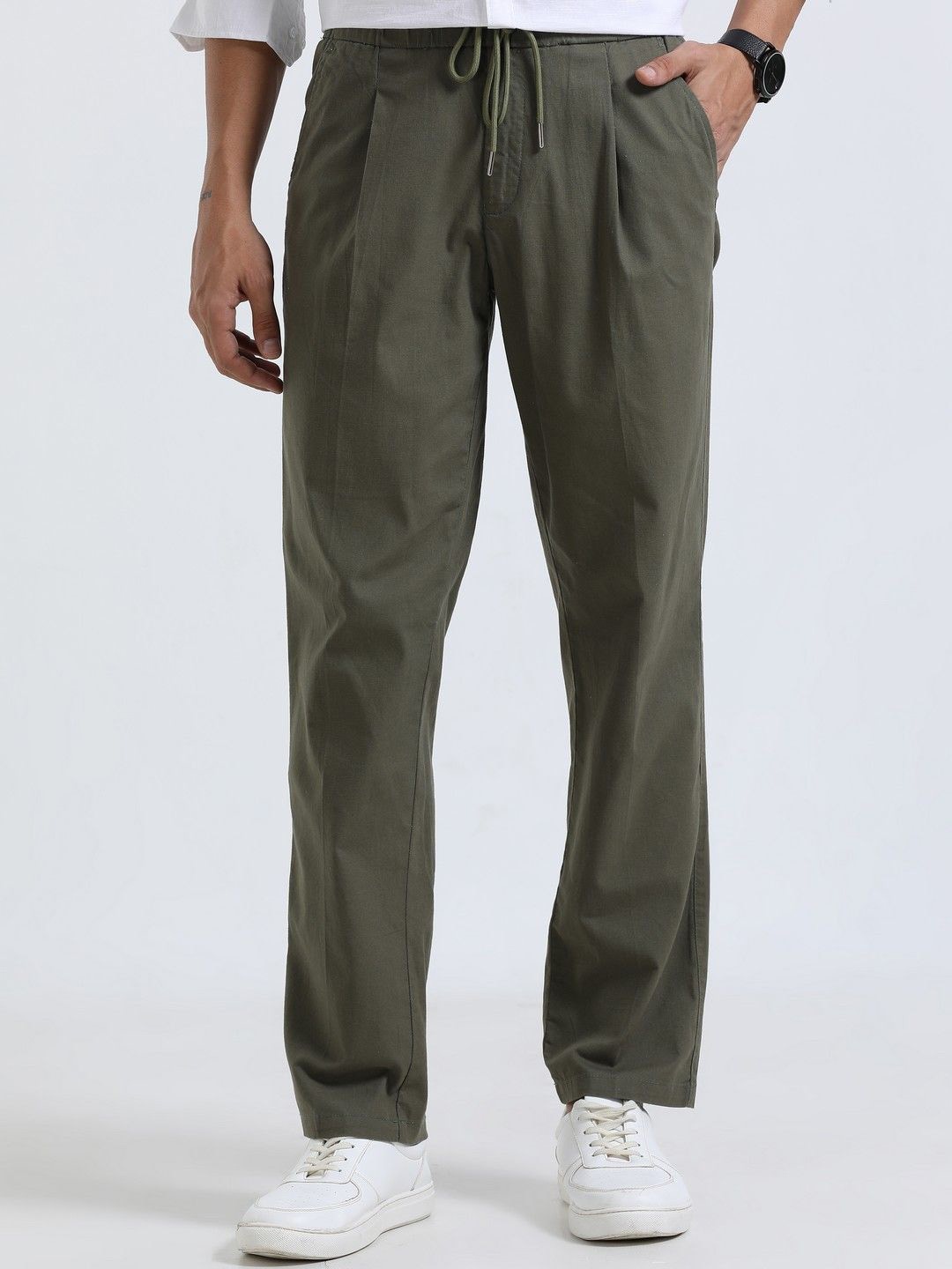 

NEVER NEUD Men Relaxed Straight Fit Lazy Linen Pleated Trousers, Olive