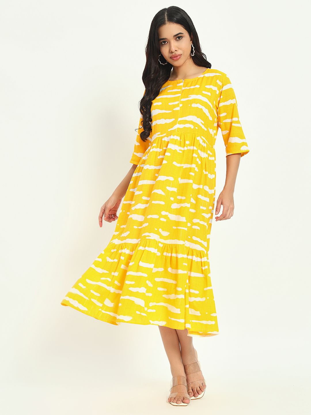 

KALINI Women Abstract Printed Empire Midi Dress, Yellow