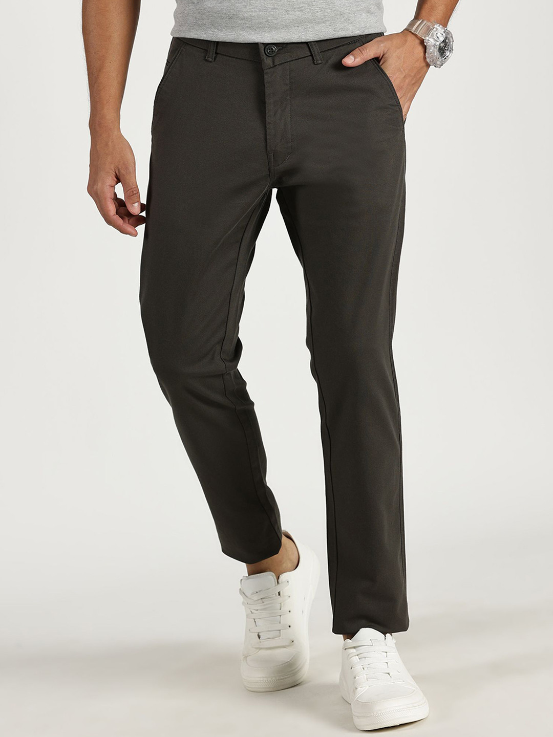 

RAVINIK Men Cotton Tailored Slim Fit Chinos Trousers, Grey