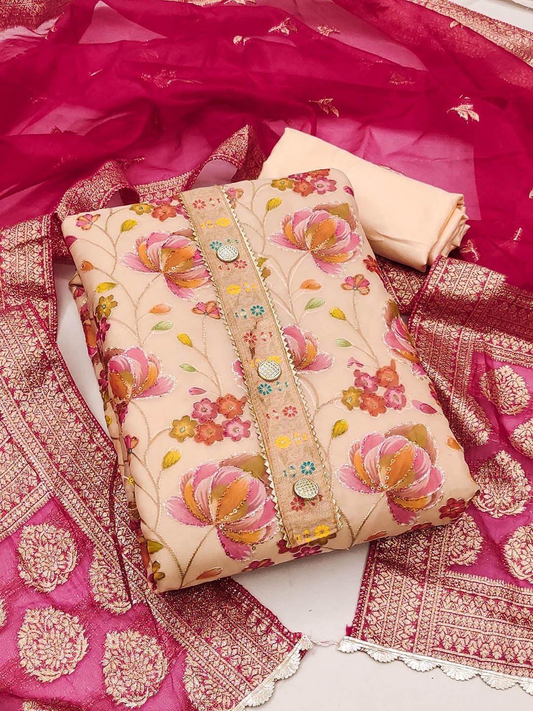 

Maroosh Embellished Organza Unstitched Dress Material, Peach