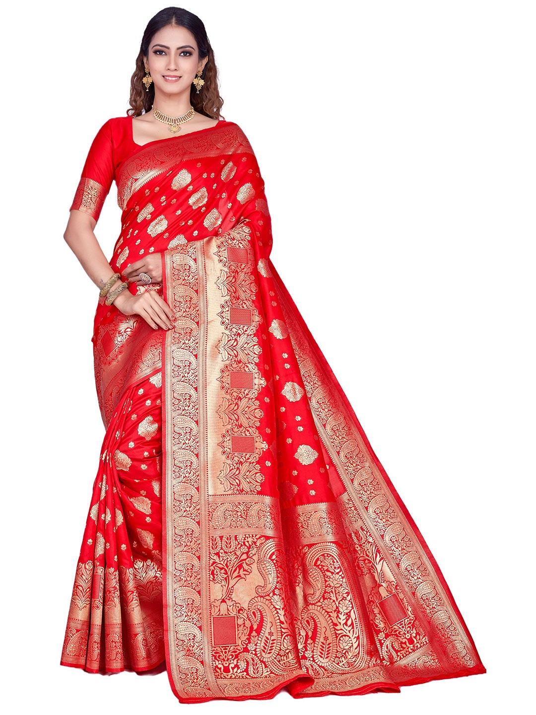 

SHRIMAY Woven Design Zari Art Silk Banarasi Saree, Red