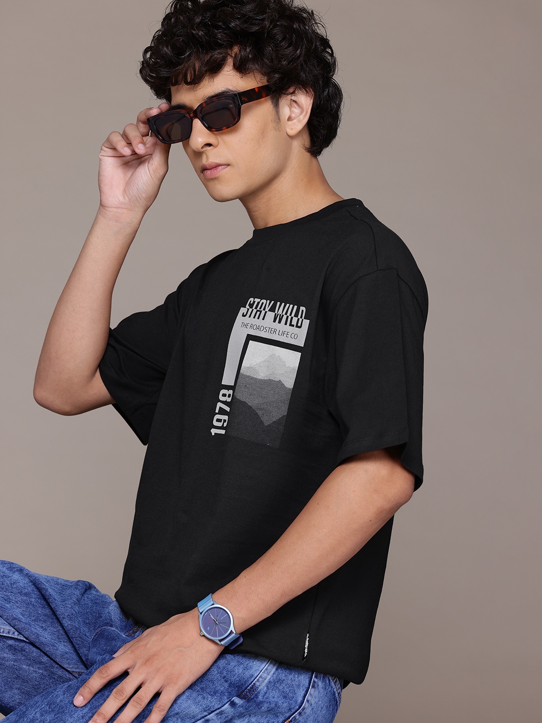 

The Roadster Lifestyle Co. Printed Detail Pure Cotton Relaxed T-shirt, Black