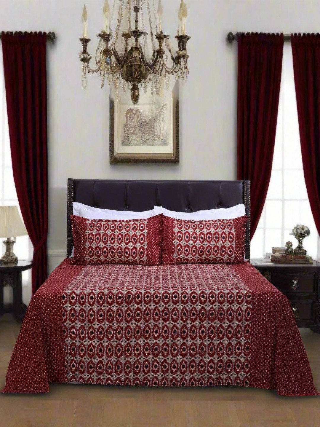 

SHAHENAZ Red & Pink Floral Cotton 120 TC Double Queen Bedsheet with 2 Pillow Covers